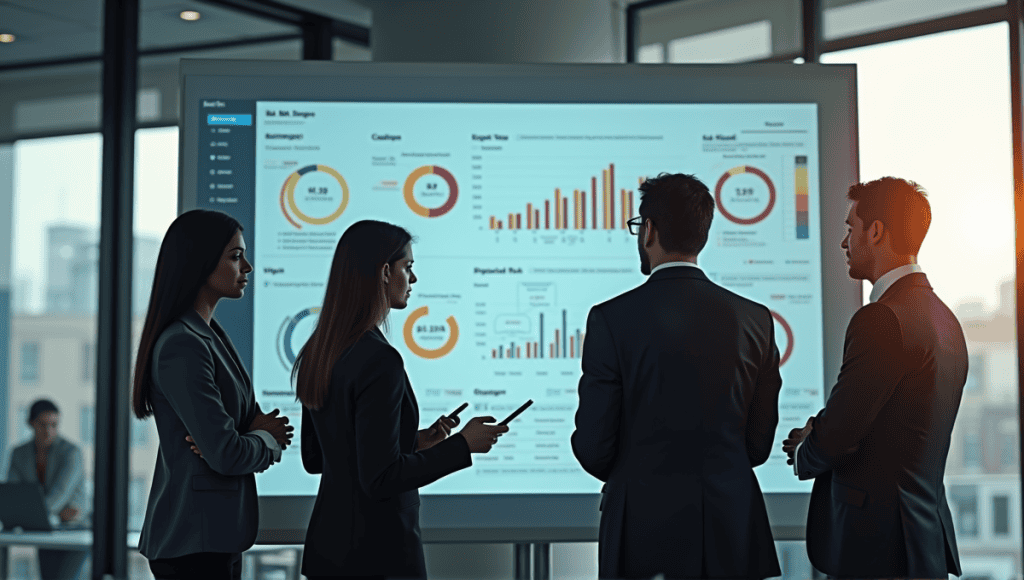 Modern office with professionals discussing a digital risk dashboard featuring colorful graphs and metrics.