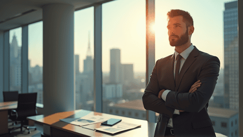 Thoughtful professional in tailored suit gazing out over a bustling cityscape from office window.