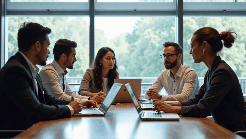 Professionals discussing technical debt management in Agile methodologies at a modern conference table.