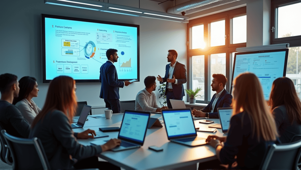 Group of software developers collaborating over diagrams and charts in a modern office setting.