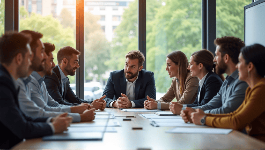 Professionals in business casual attire engaged in a collaborative meeting around a conference table.