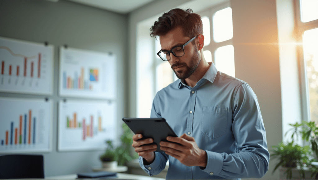 Professional analyzing data on a tablet in a bright office with charts on walls.