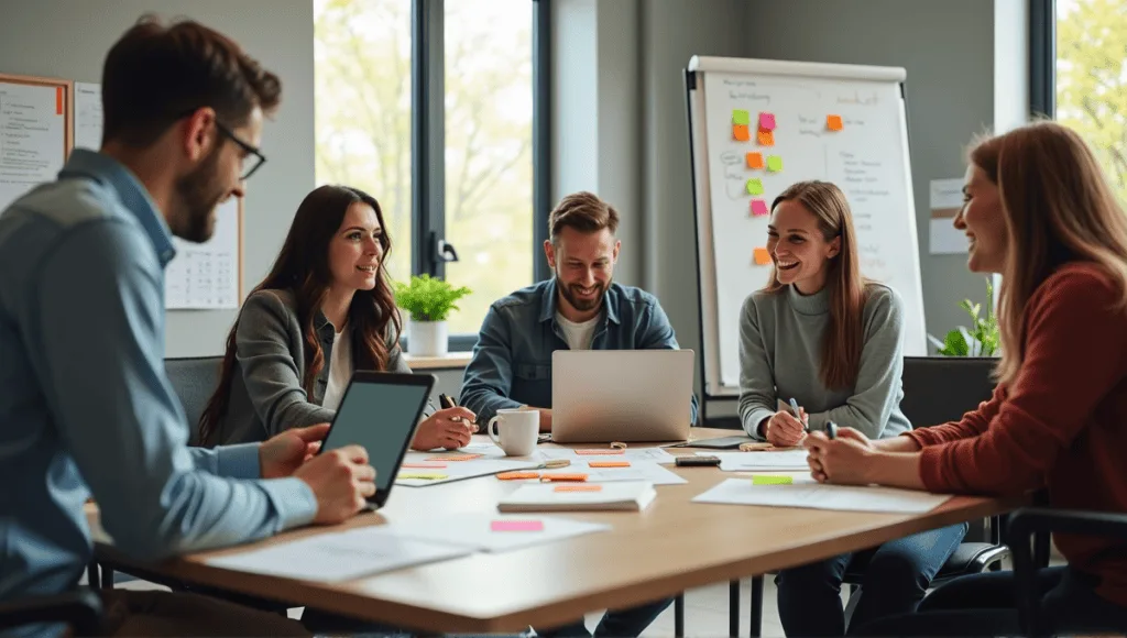 Team of professionals collaborating with digital tools in a modern workspace environment.