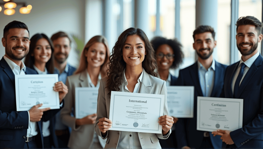 Group of professionals in business attire celebrating their international certifications in a modern office.