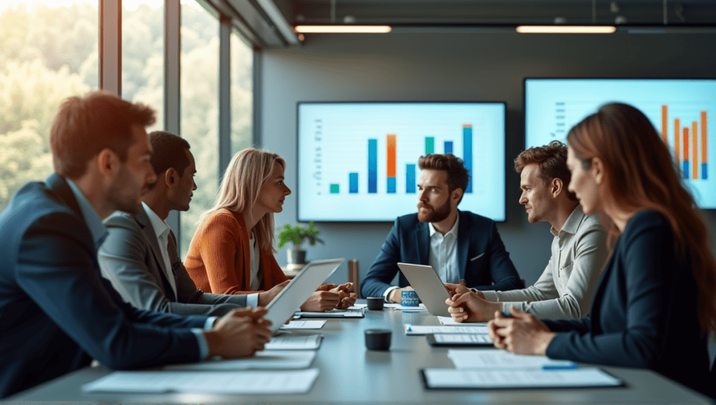 A collaborative team of professionals engaged in a meeting with charts and metrics.