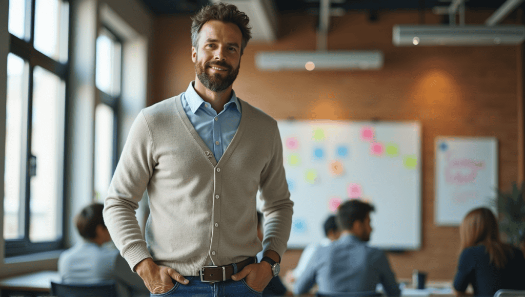 Certified Scrum Master in smart casual attire, seated in a collaborative office workspace.