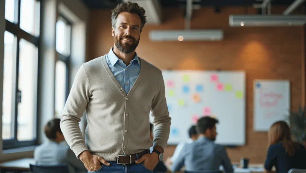 Certified Scrum Master in smart casual attire, seated in a collaborative office workspace.