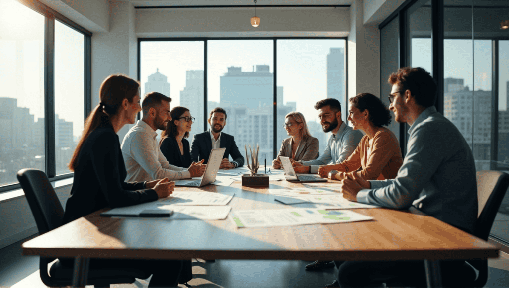 Group of professionals discussing Agile methodologies around a modern conference table in an office.