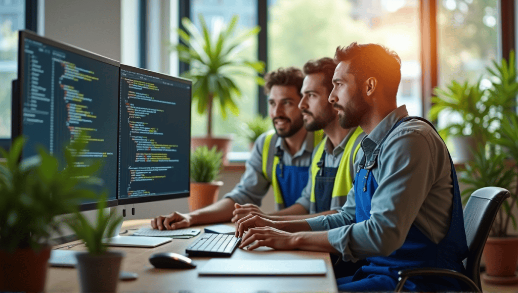 Group of software engineers collaborating around a large monitor, discussing code in an open office.