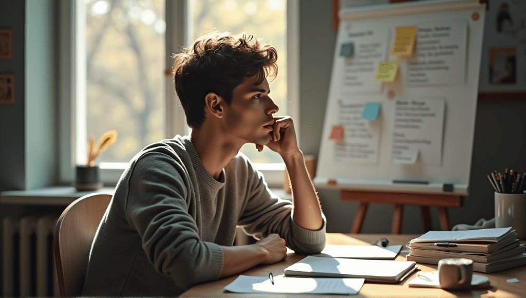 Person in casual sweater reflecting at cluttered wooden desk with notebooks and a whiteboard.