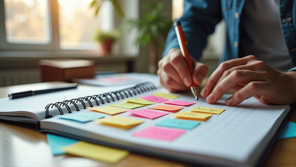 Open notebook with sticky notes illustrating Agile prioritization methods and a person analyzing them.