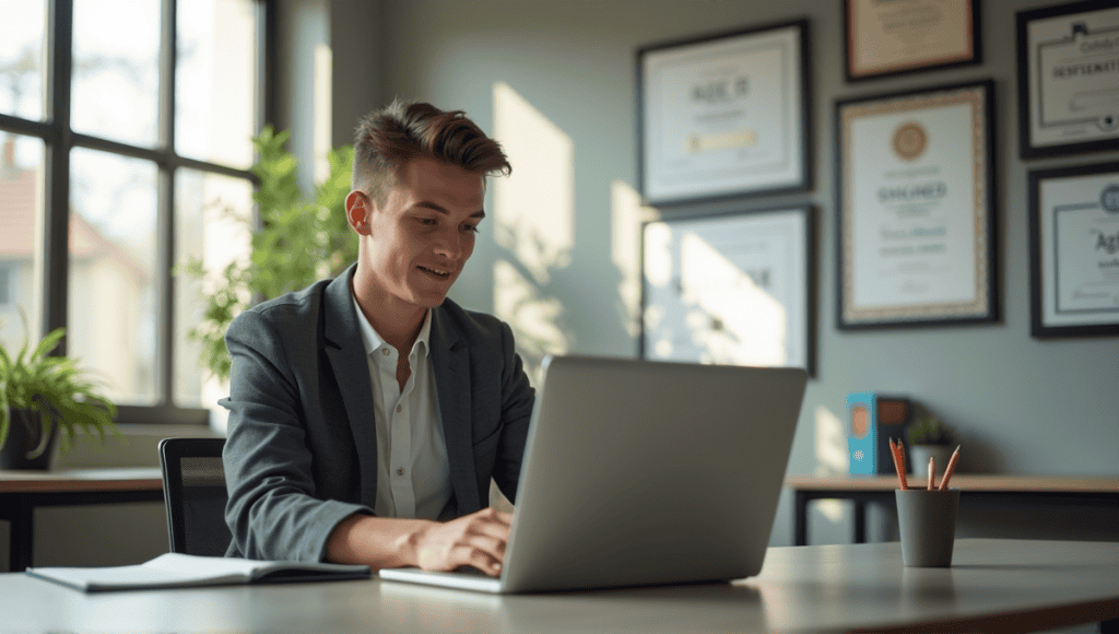 Young professional discussing Agile certifications at a modern desk with a laptop.