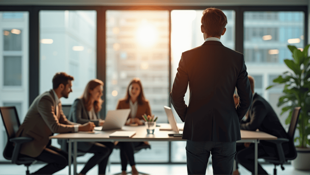 Scrum Master in smart casual attire facilitating teamwork in a modern office workspace.