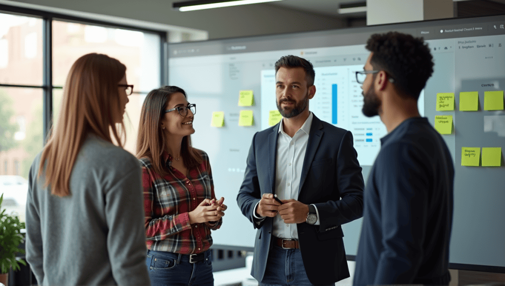 Agile team members in casual attire collaborate, surrounded by post-it notes and digital screens.