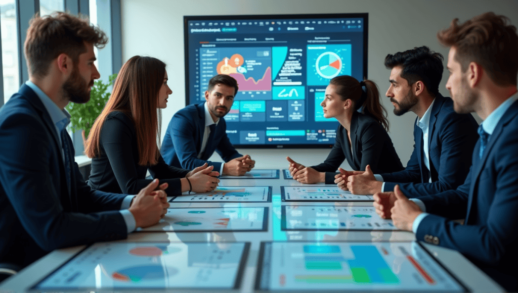 Professionals in business attire analyze a risk probability impact matrix in a modern conference room.