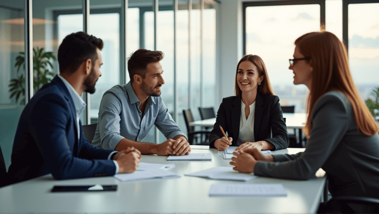 Group of professionals engaged in an agile training session in a modern office.