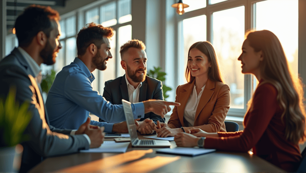 A team of professionals collaborating in a modern office, discussing a digital screen display.