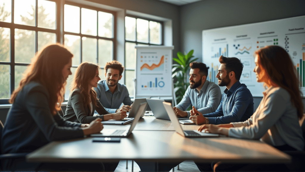 Group of professionals collaborating in an Agile training session around a modern conference table.