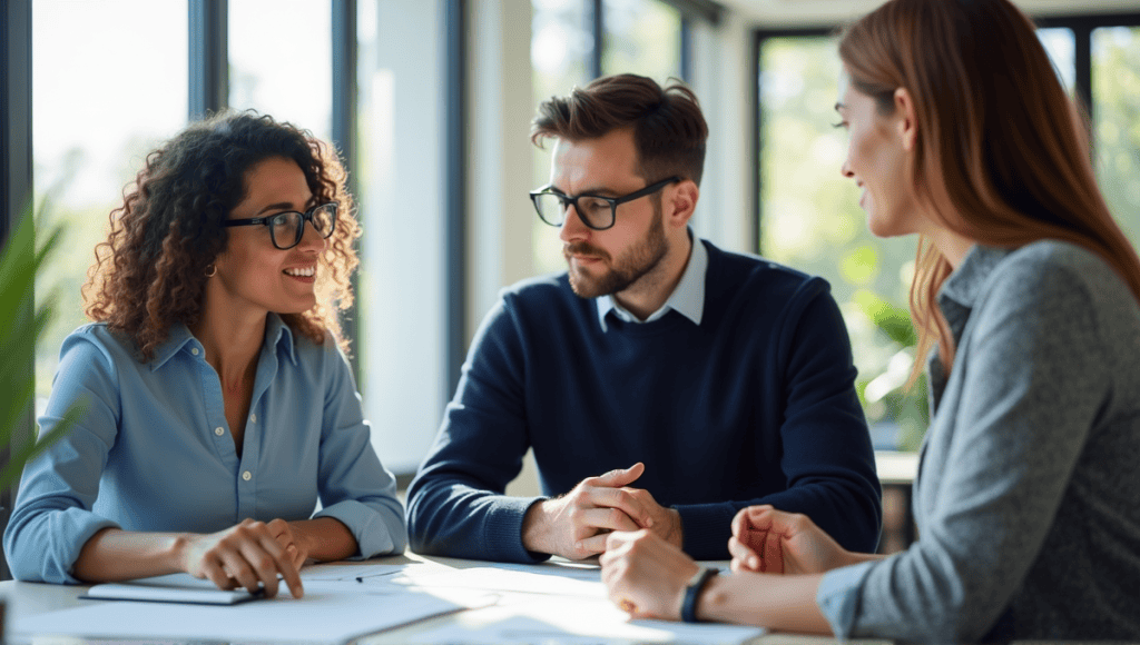 Group of professionals engaged in discussion at a modern office table, showcasing teamwork.