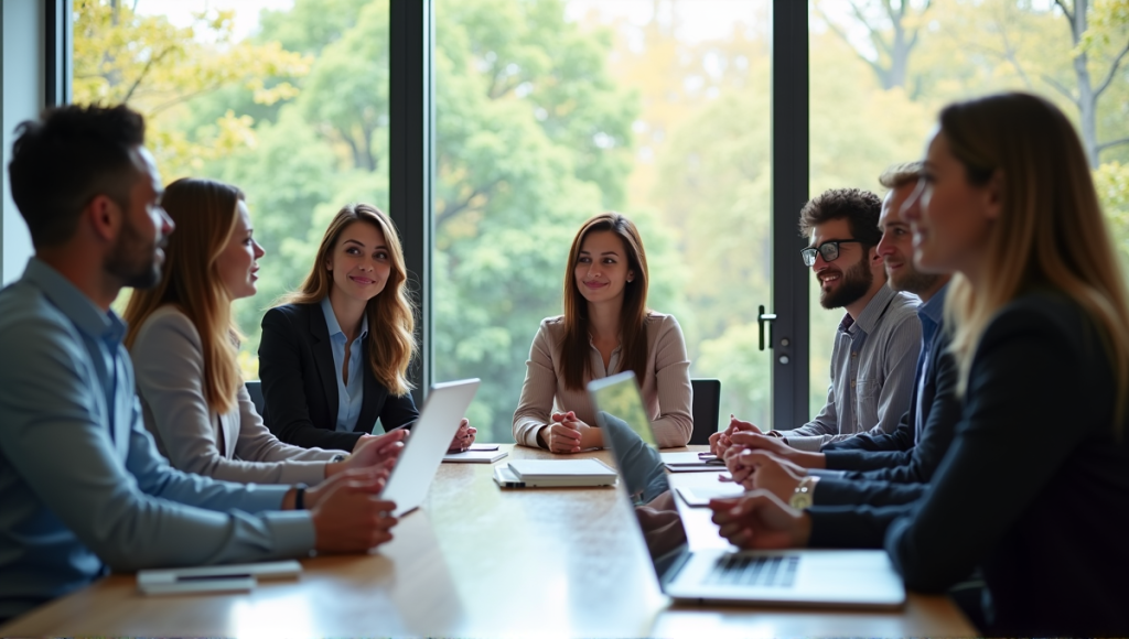 Group of professionals discussing Agile certifications around a modern conference table with laptops.