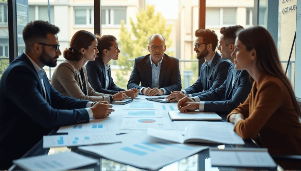 Business professionals collaborating at a table with documents, charts, and digital devices.