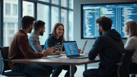 Team of software developers collaborating at a conference table with digital screens.