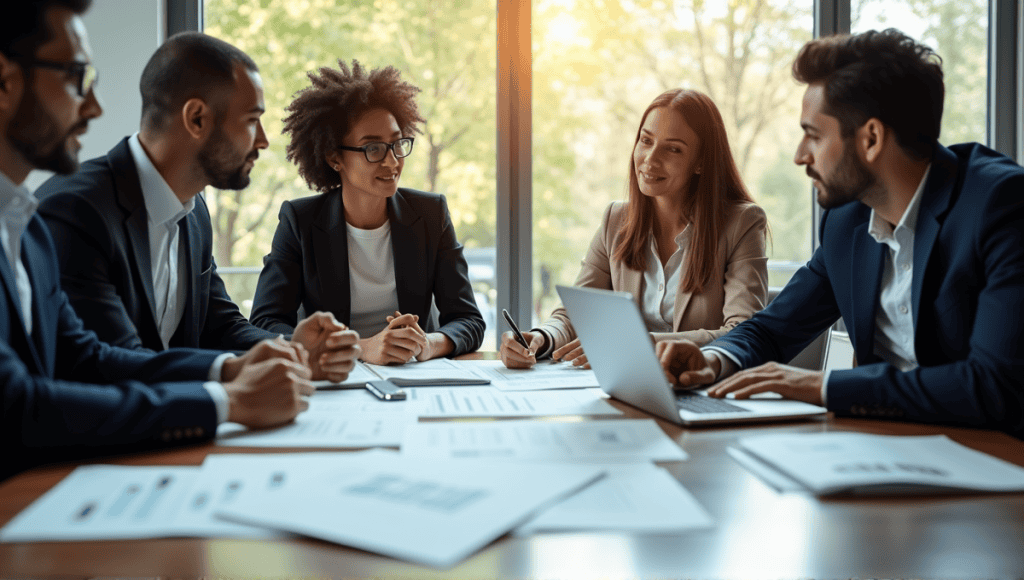 Group of professionals in business attire collaborating at a conference table with documents and laptop.