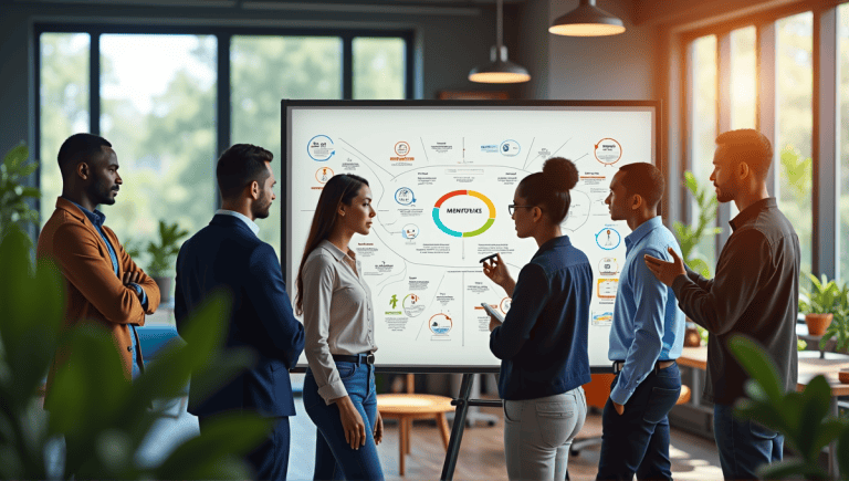 Group of professionals discussing Agile methodologies near a whiteboard in a modern workspace.