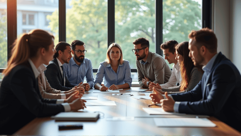 Professionals collaborating in a Scrum meeting around a large table in a modern office.