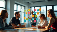 Collaborative team meeting in a modern office, discussing Agile scrum elements on a whiteboard.