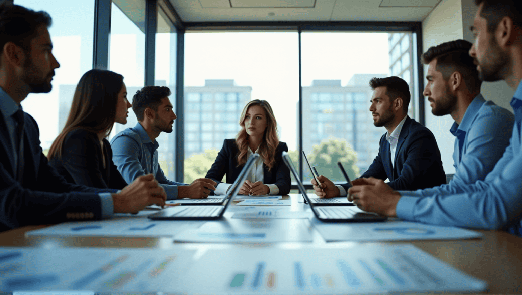 Group of professionals discussing charts and digital devices in a modern office.