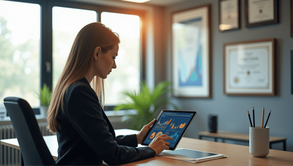 Financial advisor reviewing charts on tablet at modern desk in bright office.