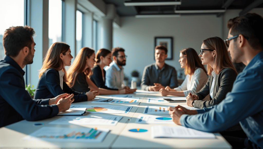 Group of professionals discussing agile governance concepts around a large office table.