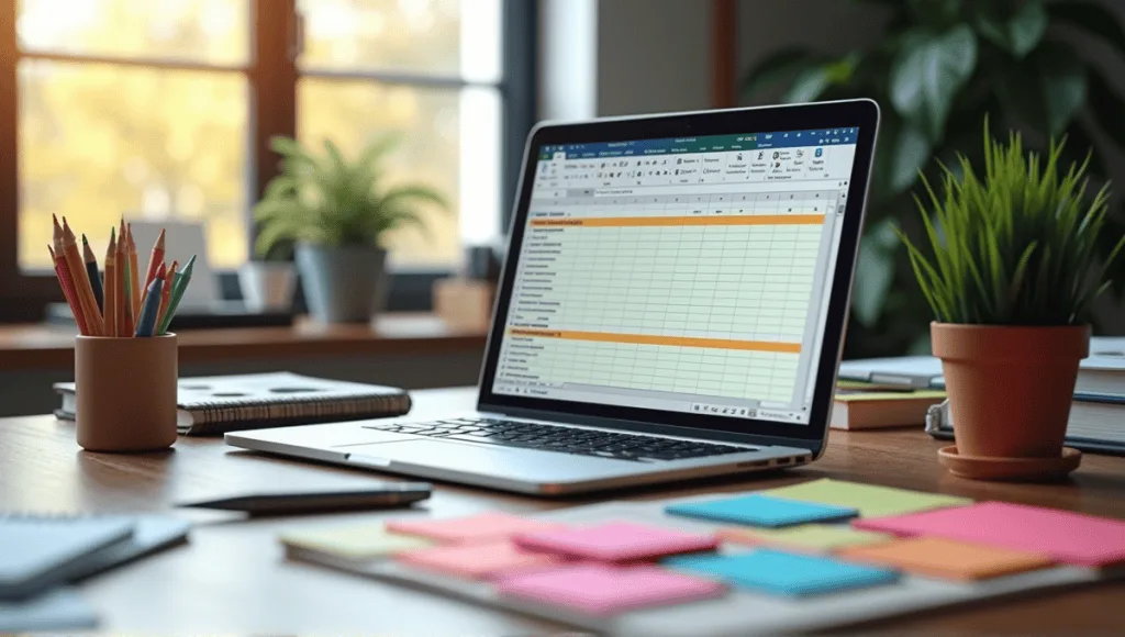 Well-organized workspace with laptop, Excel spreadsheet, sticky notes, and project management tools.