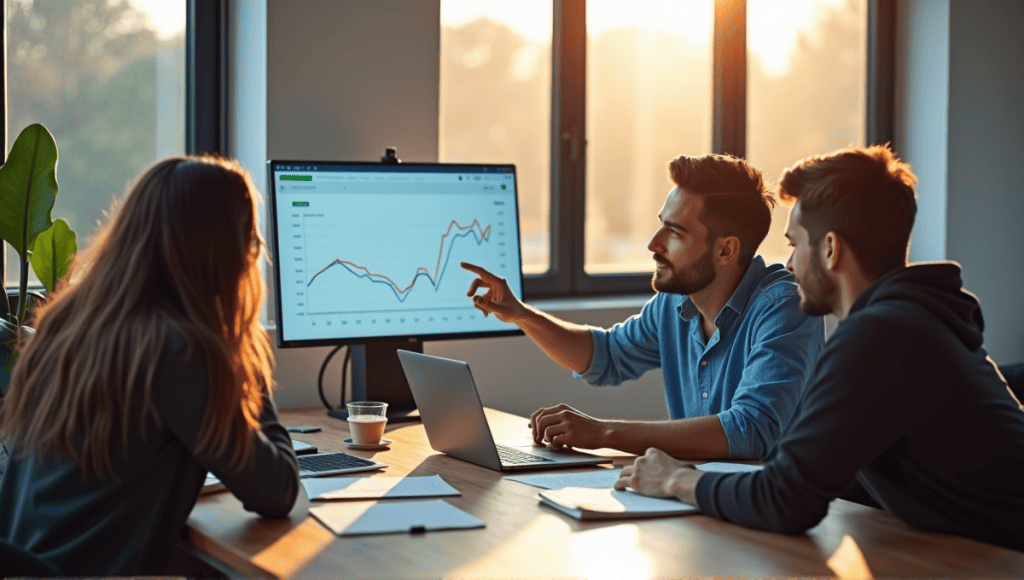 Professionals collaborating around a modern workspace, analyzing a burndown chart on a screen.