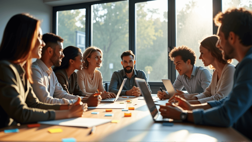 A group of professionals collaborating in a sprint planning session around a conference table.