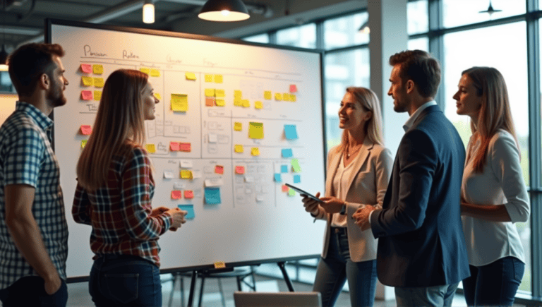 Team of professionals collaborating on agile planning techniques at a whiteboard with sticky notes.