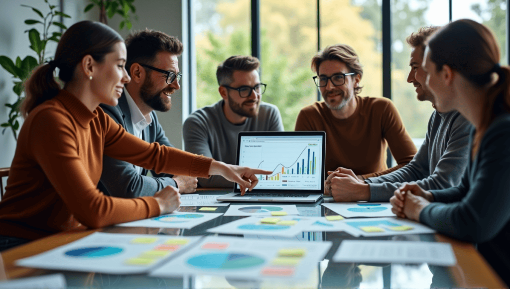 A team of professionals discussing colorful charts around a large glass table.