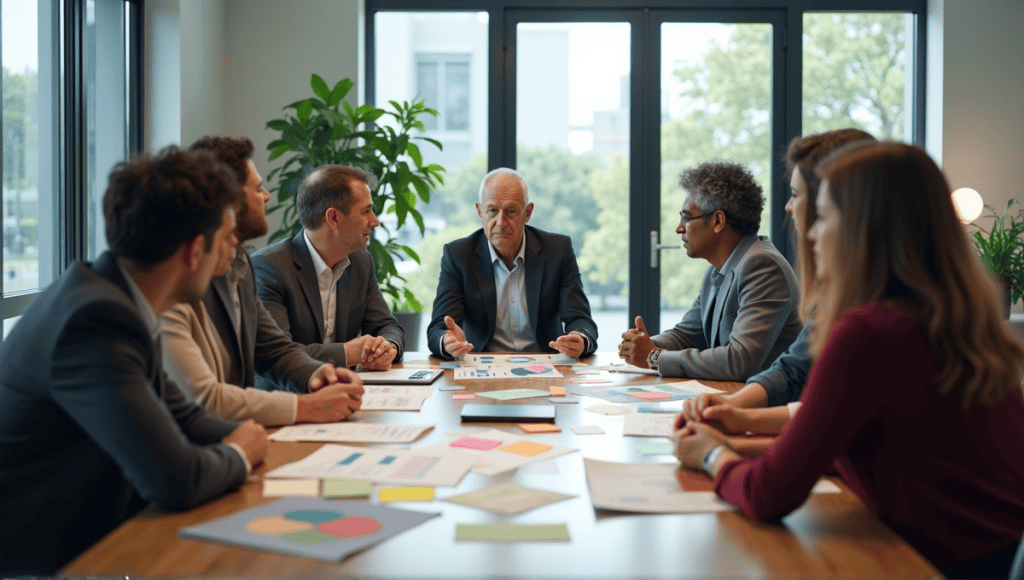 Professionals brainstorming around a conference table, discussing agile budgeting challenges and solutions.