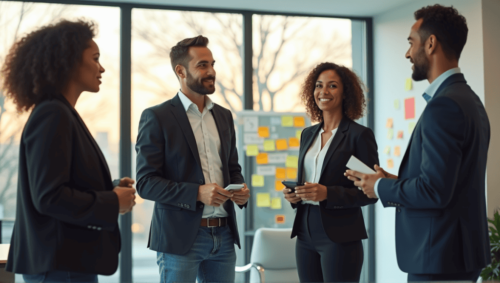 A group of professionals collaborating in a modern office during a stand-up meeting.