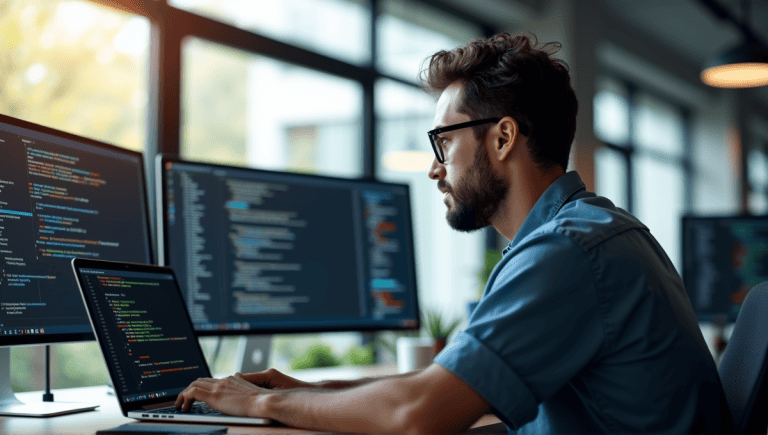 Software engineer wearing glasses engrossed in coding at modern office workspace.