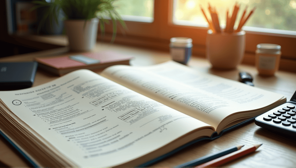 Open textbook with exam details, diagrams, pencils, and a calculator in a study room.