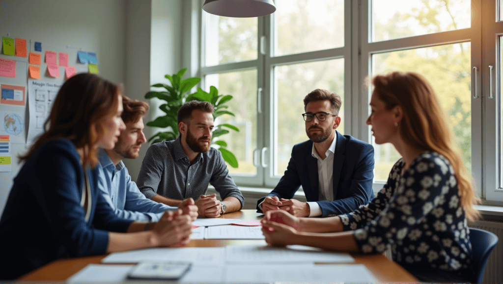 Collaborative workspace with professionals discussing and sharing ideas in casual office attire.