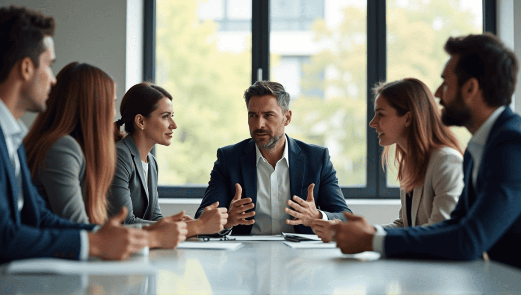 A group of professionals engaged in a serious discussion around a conference table.