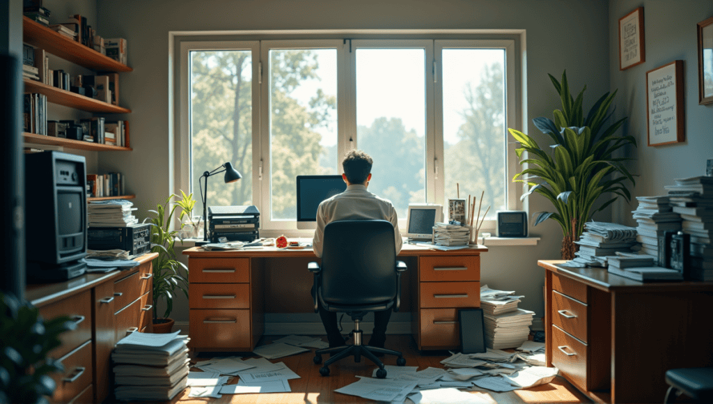 Stressed project manager at a cluttered desk reviewing financial reports in chaotic workspace.