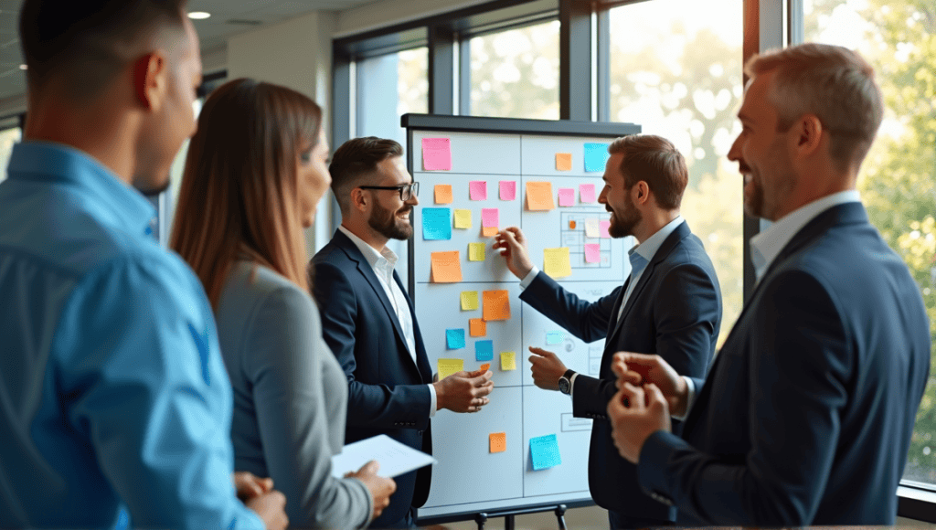 Agile team discussing around a Kanban board filled with colorful sticky notes and charts.