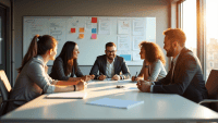 Professionals in smart casual attire collaborating around a table in a modern office.