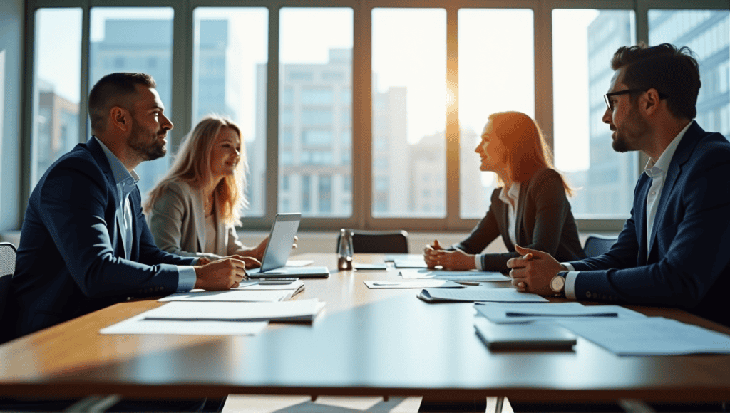 Group of professionals discussing agile compliance around a modern conference table in an office.