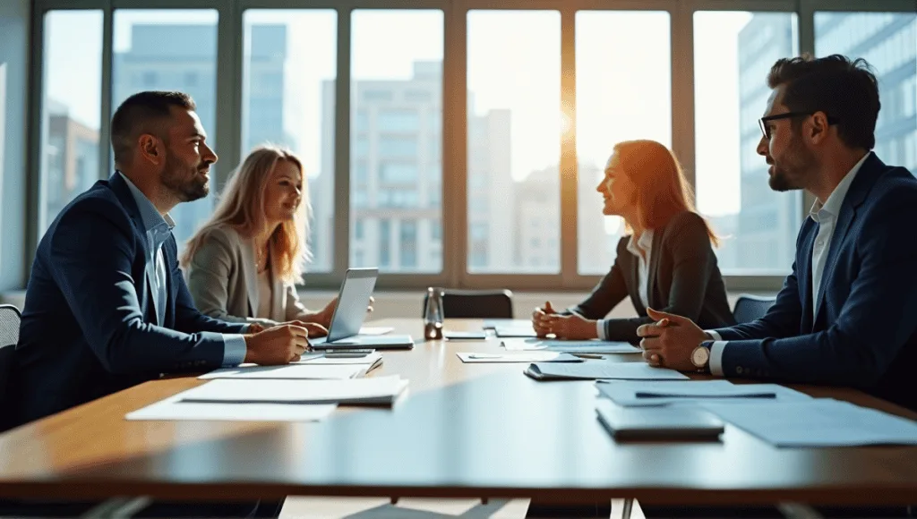Group of professionals discussing agile compliance around a modern conference table in an office.