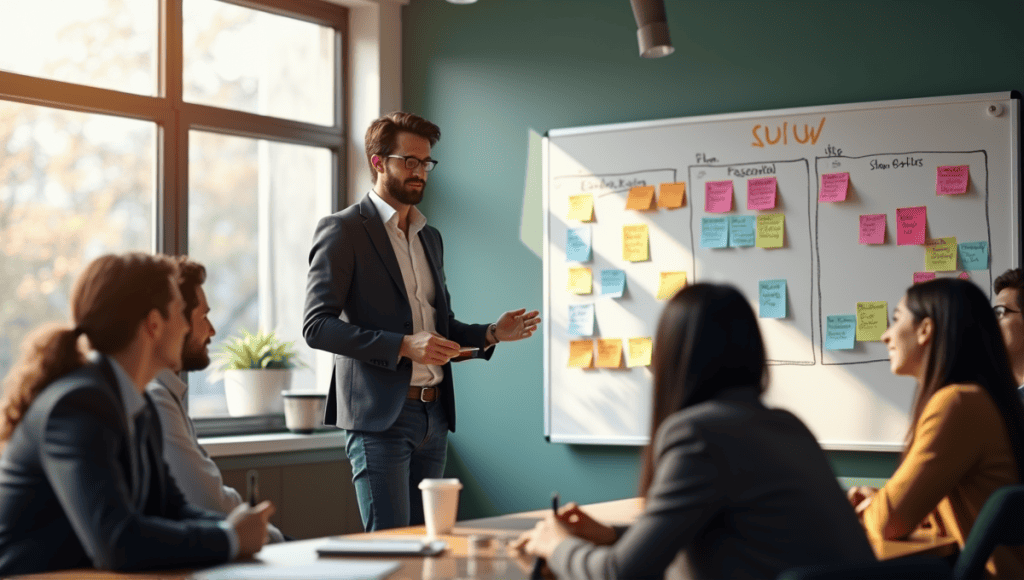 Scrum Master facilitating a sprint planning meeting at a whiteboard in a modern office.